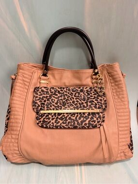 Nine West Leopard Accent Satchel Bag Black Handles - expandable